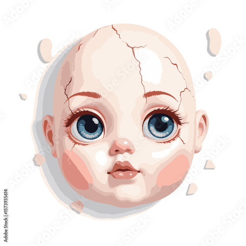 Cracked porcelain doll's face with muted colors, fragility and loss