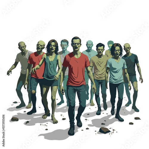 Diverse crowd of zombies advancing on a white background, chaos and survival