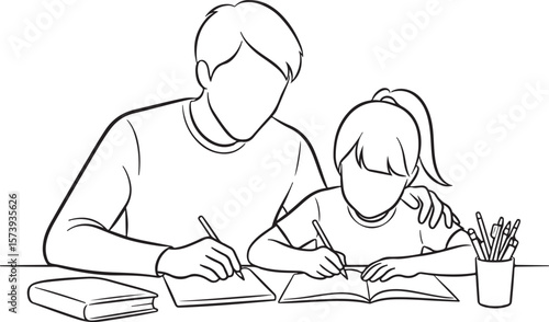 Black line art drawing of a father and daughter doing schoolwork together at a desk.