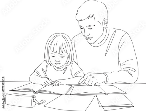 Black line art illustration of a caring father helping his daughter with schoolwork at a desk..