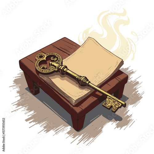 Vintage brass key resting on a wooden table in a haunted room, mystery