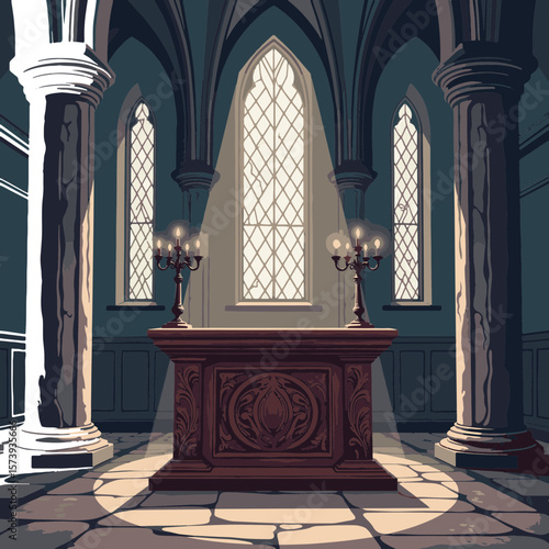 Ornate wooden altar in gothic church with candelabras, spiritual ambiance