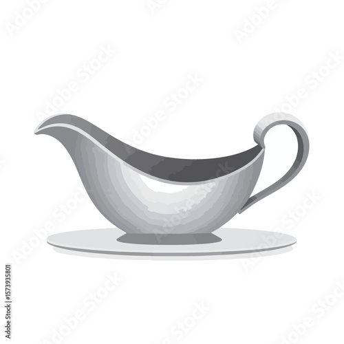 Sleek stainless steel gravy boat on white plate, minimalist elegance