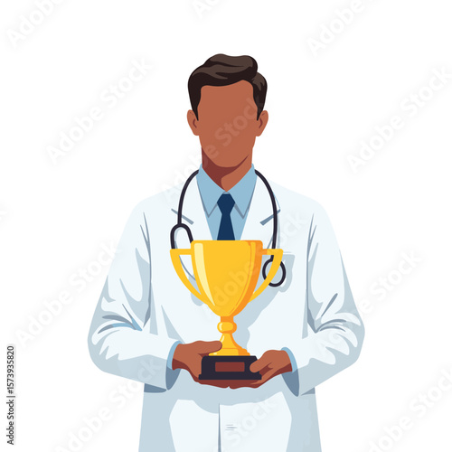 Doctor holding a gold award in hospital setting, medical excellence
