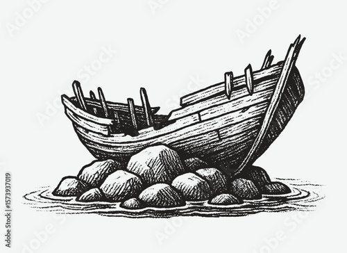 Old wooden shipwreck stranded on rocks in detailed hand-drawn vintage sketch style, perfect for nautical or adventure themes.