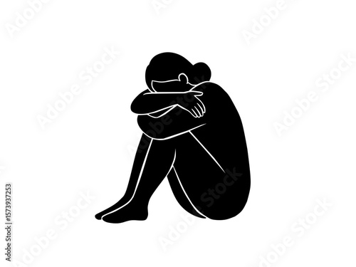 A simple black silhouette of a woman sitting and hugging her knees, representing sadness, depression, mental health struggle, or emotional distress. Minimalist and symbolic style suitable for healthca