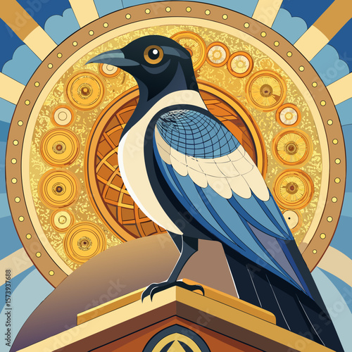 Detailed magpie artwork resting on platform against a golden ornamented background, design element perfect for nature themed decorative work.