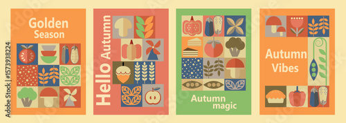 Hello, autumn! Abstract mosaic in Bauhaus style. Geometric shapes in Scandinavian style. Poster for sale, banner, cover, flyer.