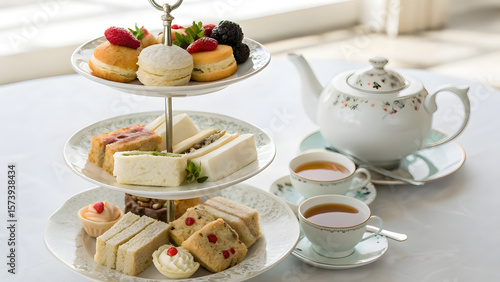 Flatlay of Traditional English Afternoon Tea with Tiered Tray and Teapot. Perfect for: Mother's Day, Queen’s Jubilee, English garden parties