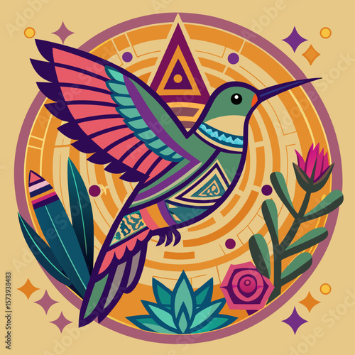 Graceful hummingbird design with colorful Aztec inspired elements, ideal for logos, apparel or print designs showcasing nature