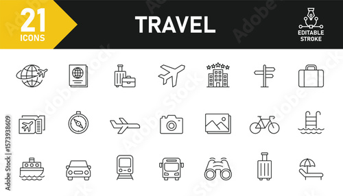 Travel and tourism line icon set. Set of 21 outline icons related to holiday, airplane, passport, hotel, baggage, sun, tourism, travel, beach and others. Editable stroke. Vector illustration.
