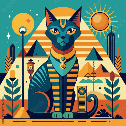 Bastet, the Egyptian cat goddess, is stylishly represented with pyramids and suns in a modern, geometric graphic suitable for design projects.