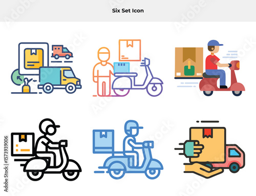 Six set icon Various delivery methods illustrated with icons offering different perspectives and styles