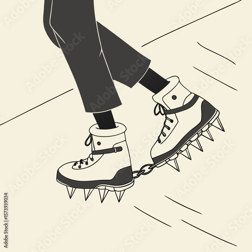 Person walking with boots fitted with crampons on a plain background  