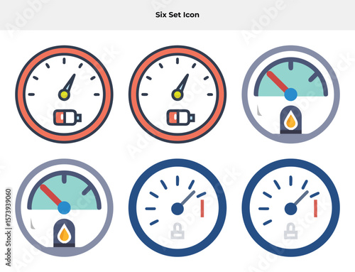 Six set icon A collection of six unique gauge meter icons with battery fuel indicators