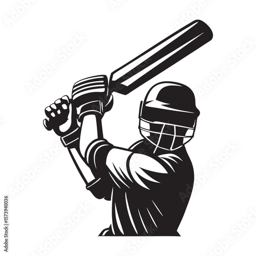 Cricket Match Emblem with Batsman Swinging Bat On White Background