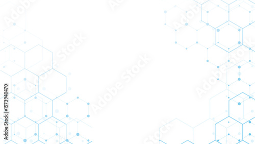 White background featuring blue hexagons and dotted patterns forming a connected molecular-style grid—ideal for science, medical, or tech-themed layouts.
