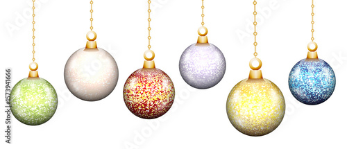 Colorful christmas baubles hanging from golden strings
