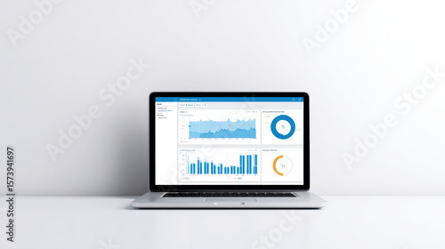  laptop displays business analytics dashboards with charts and graphs on a minimalist white desk against a plain background.