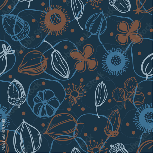 Botanical seamless vector pattern with hand-drawn seedpods. Sketch  illustration.