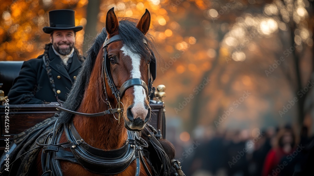 Obraz premium A stylish driver in a top hat steers a horse-drawn carriage through a colorful autumn landscape of golden leaves
