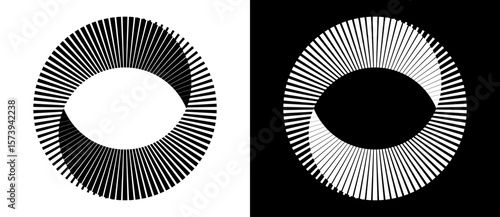 Abstract background with lines in circle. Art design spiral as logo or icon with 2 parts. A black figure on a white background and an equally white figure on the black side.
