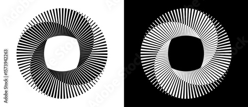 Abstract background with lines in circle. Art design spiral as logo or icon with 4 parts. A black figure on a white background and an equally white figure on the black side.