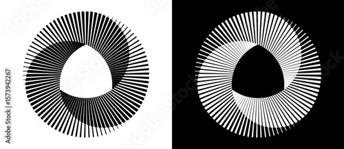 Abstract background with lines in circle. Art design spiral as logo or icon with 4 parts. A black figure on a white background and an equally white figure on the black side.