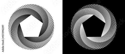 Abstract background with lines in circle. Art design spiral as logo or icon with 5 parts. A black figure on a white background and an equally white figure on the black side.