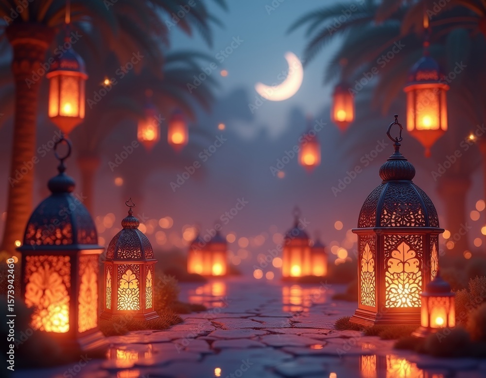 Fototapeta premium Ramadan Lantern decoration background 3d rendering dreamlike imagery subconscious exploration bending reality imaginative narratives juxtaposing elements evoking wonder and awe transcending b