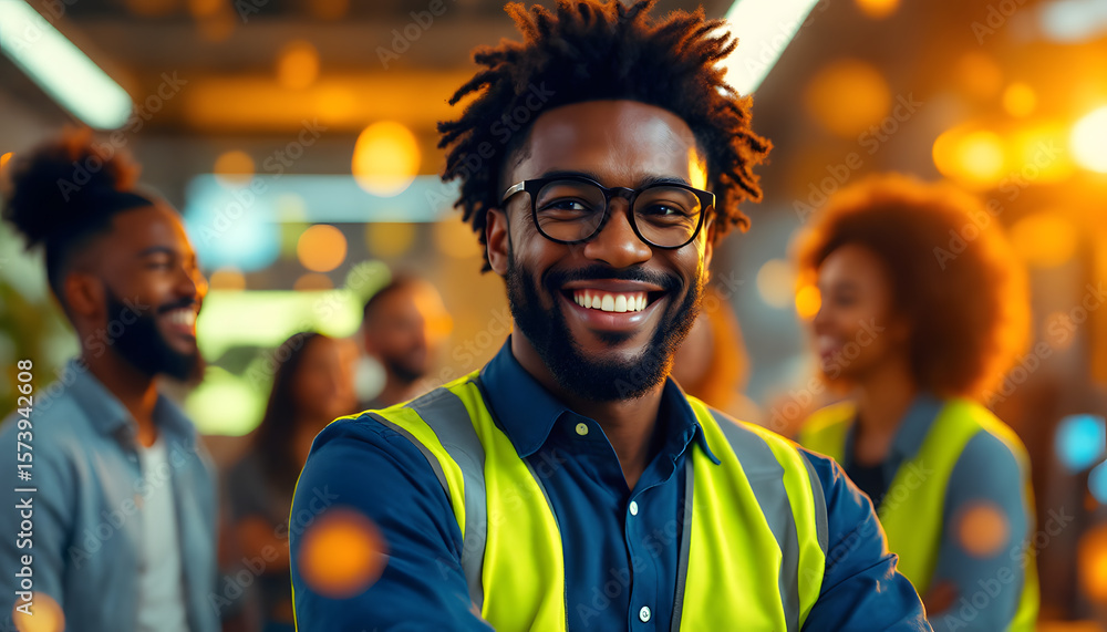 Naklejka premium Smiling Worker Wearing Neon Vest with Diverse Team in Warm Office