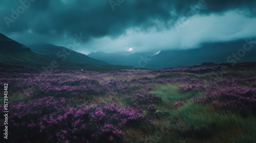 Stormy sunset over purple heather field, Scottish Highlands, moody landscape, travel poster
