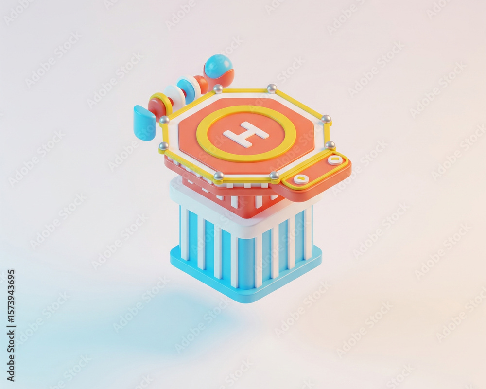 Fototapeta premium 3D isometric illustration of a colorful octagonal helipad building with a helipad on its roof, isolated on a clean background.