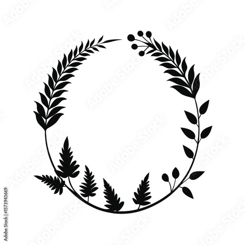 Floral frame with fern leaves and daisy accents silhouette for elegant stationery design