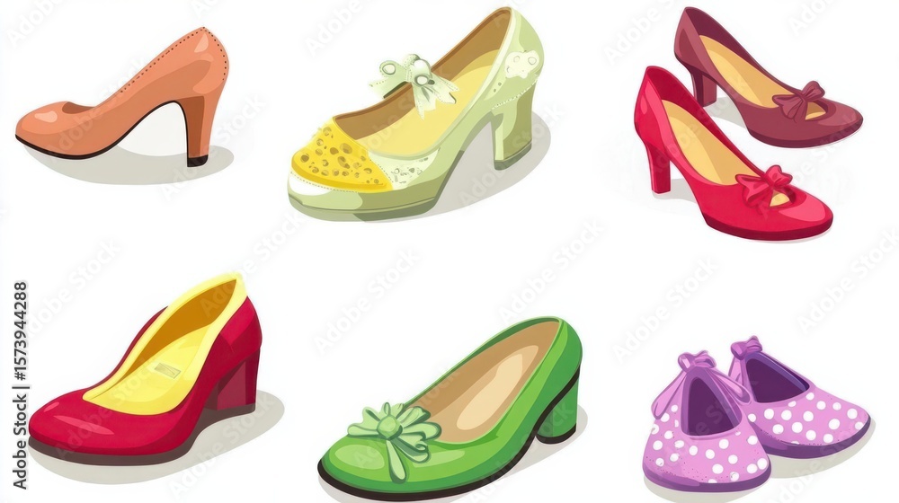 Fototapeta premium Cartoon shoes illustration showing colorful shoe designs over white background