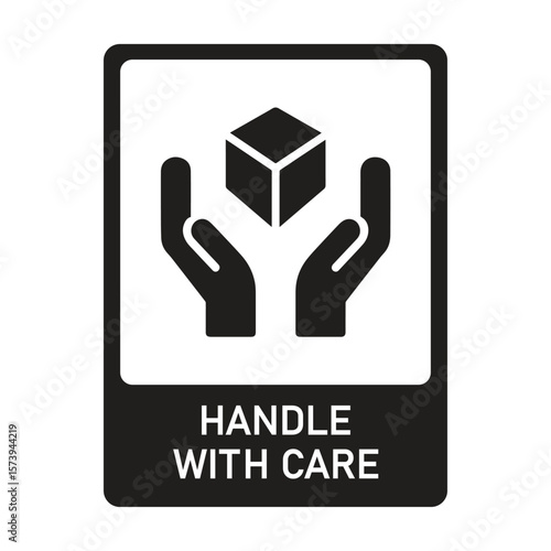 Black and white “HANDLE WITH CARE” label featuring two hands gently holding a cube—signals fragile contents requiring delicate handling during transport.