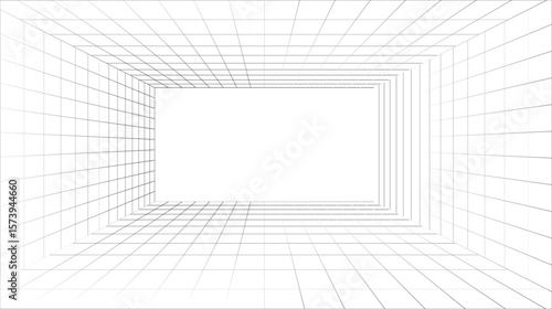 White perspective grid on black background forms a 3D rectangular tunnel with converging lines—evokes depth, spatial structure, and architectural symmetry.