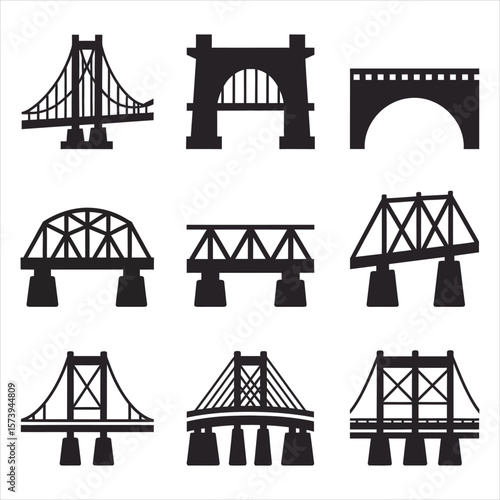 Various bridge silhouettes in black and white suspension bridge arch bridge