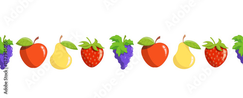 Seamless border of isolated fruits grapes, apple, pear, strawberry on white background. Vector illustration for children's decoration, kitchen supplies. 