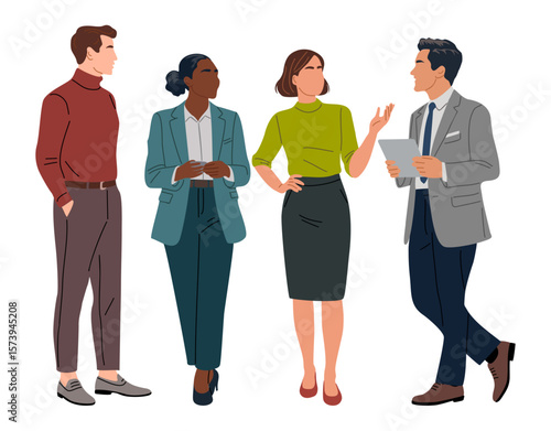 Flat vector illustration of diverse business people standing and discussing. Corporate team communication and office meeting concept. Professional coworkers in smart casual attire.