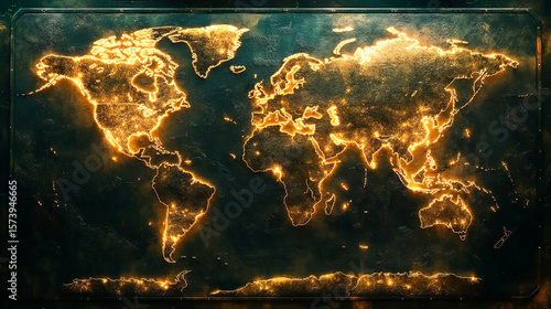 An eye-catching image of a world map lit up with radiant nodes, symbolizing worldwide connectivity, technological advancement, communication networks, and the flow of information in our digital era