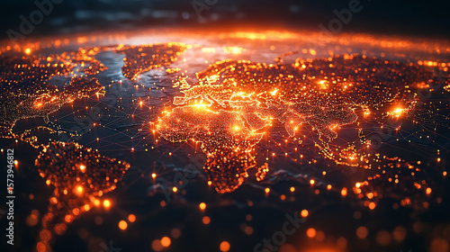 An eye-catching image of a world map lit up with radiant nodes, symbolizing worldwide connectivity, technological advancement, communication networks, and the flow of information in our digital era