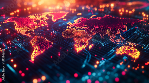 An eye-catching image of a world map lit up with radiant nodes, symbolizing worldwide connectivity, technological advancement, communication networks, and the flow of information in our digital era