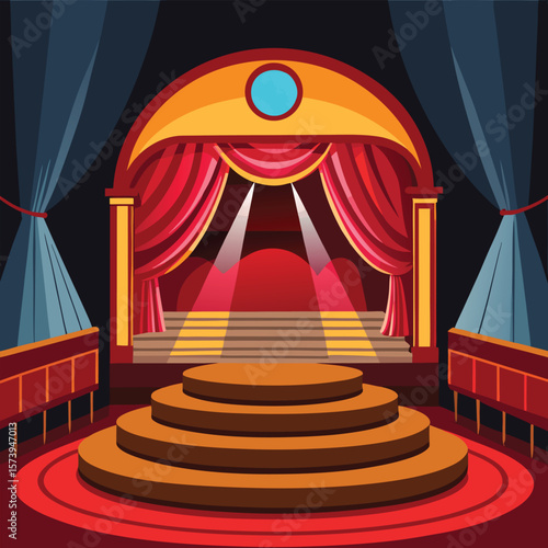 Grand red stage with spotlights and tiered platform
