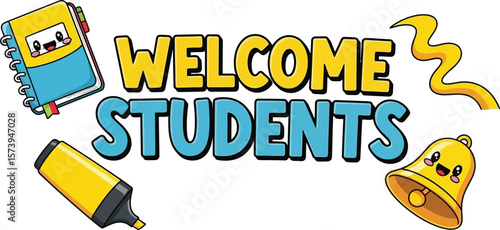 Welcome students text with notebook bell highlighter and squiggle line