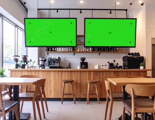 Dual Digital Menu Board Mockup with Green Screen Above Cafe Counter in Warm Minimalist Interior