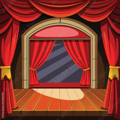 Grand theater stage with red curtains and spotlight