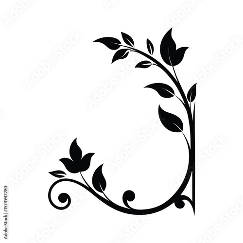 Floral scroll frame silhouette with leafy corners for botanical crafts and invitations