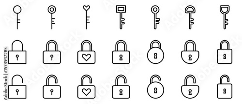 鍵　南京錠　アイコン　線画　シンプル　ベクター　セット　黒