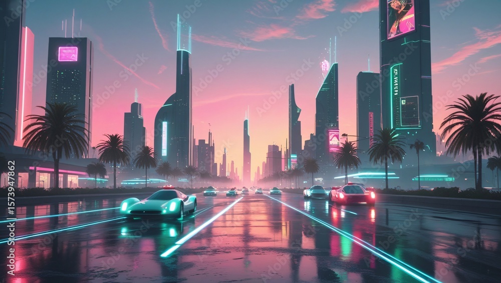 Naklejka premium Futuristic cityscape with neon lights and sports cars at sunset palm trees